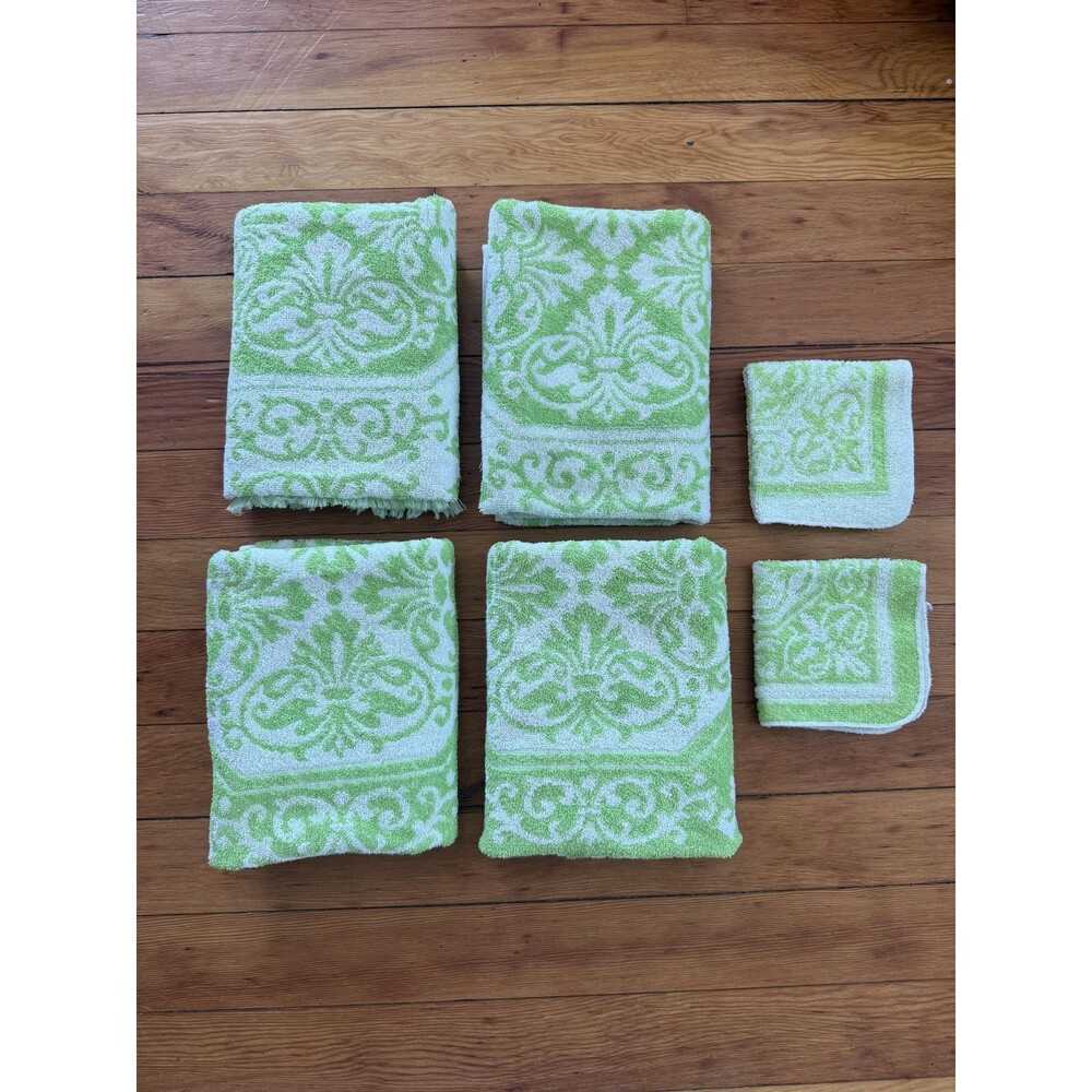 Green Fluer-de-lis Bath Towel Set 6pc Terry Cotton Blend Made USA Fringe